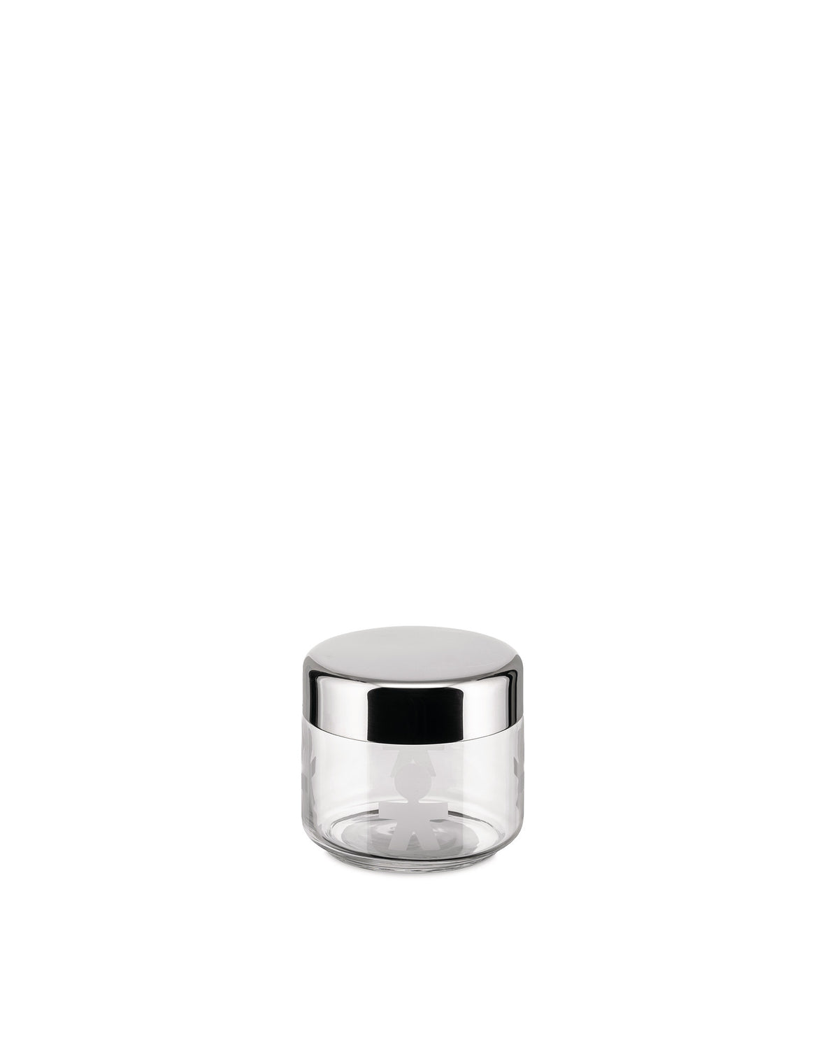 Clear glass storage jar by Alessi with a polished silver lid and etched cut-out figures.