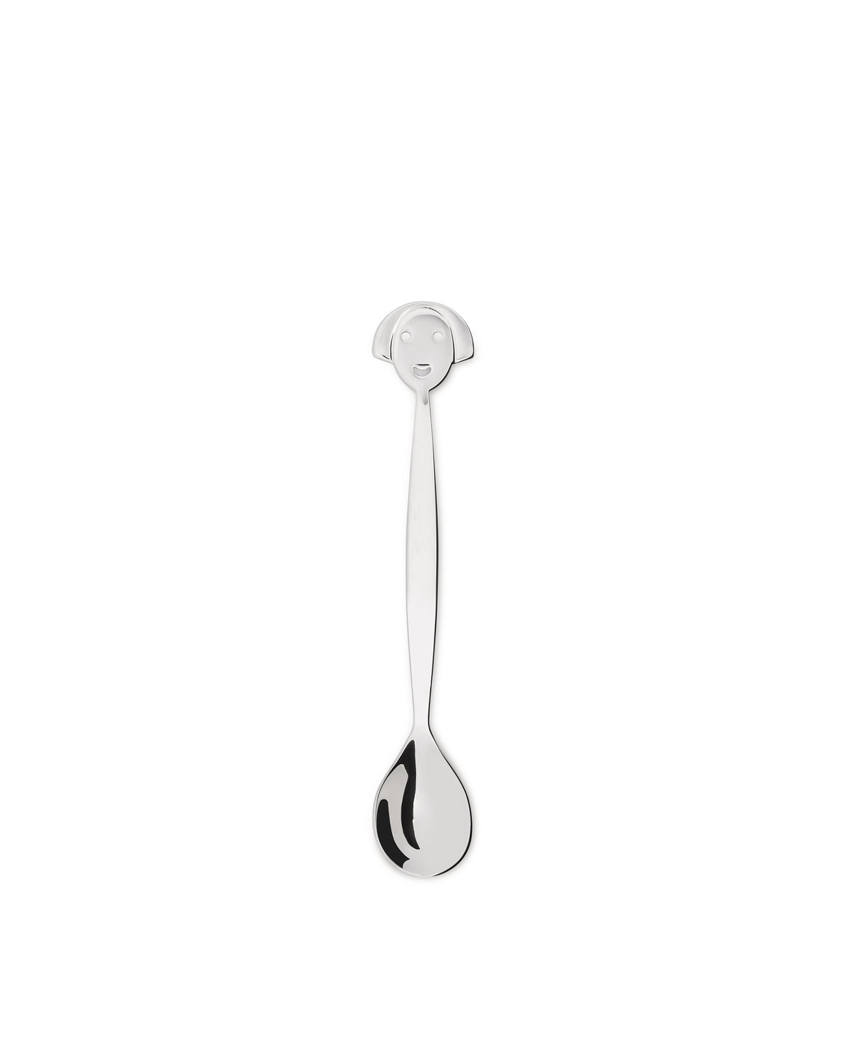 A silver-toned coffee spoon by Alessi featuring a stylized smiling face on the handle with a polished finish.