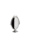 Polished silver-toned folding cake stand by Alessi, featuring a stylized face design and a top handle, on a white background.