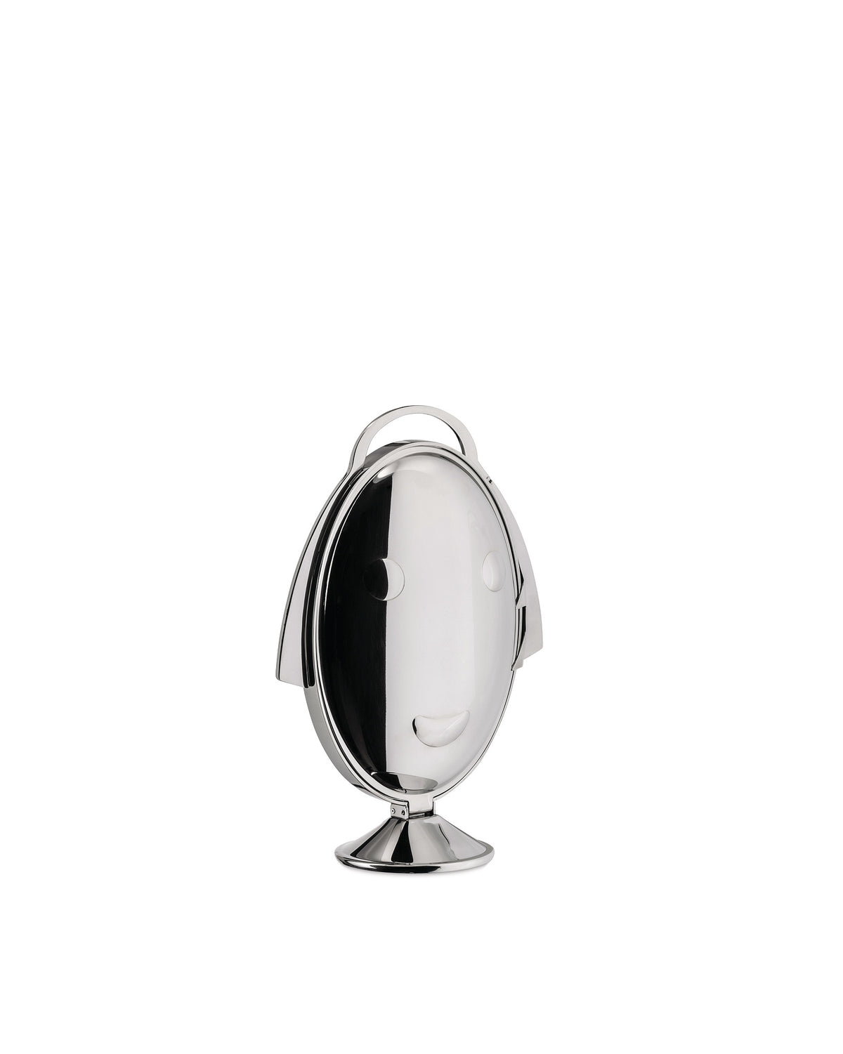 Polished silver-toned folding cake stand by Alessi, featuring a stylized face design and a top handle, on a white background.