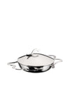Shiny stainless steel lidded serving dish by Alessi, with ornate wavy handles and a curved lid knob, angled view.