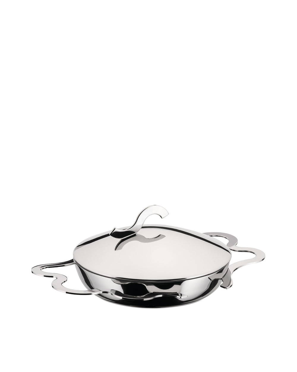 Shiny stainless steel lidded serving dish by Alessi, with ornate wavy handles and a curved lid knob, angled view.