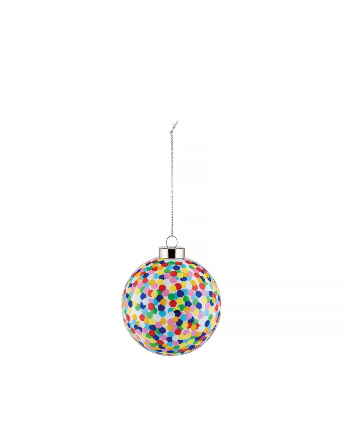 A round multicolored confetti ornament by Alessi, hanging from a silver chain against a white background.
