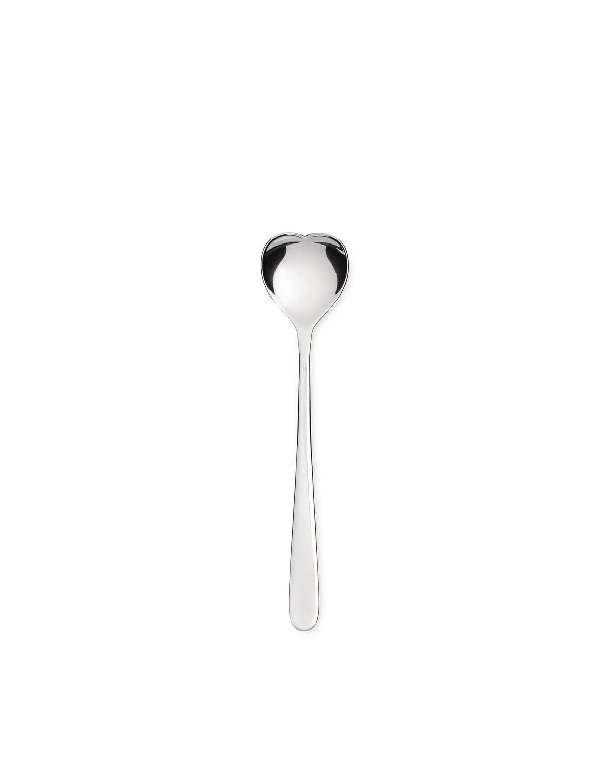 Silver heart-shaped spoon by Alessi, polished metal centered on a white background.