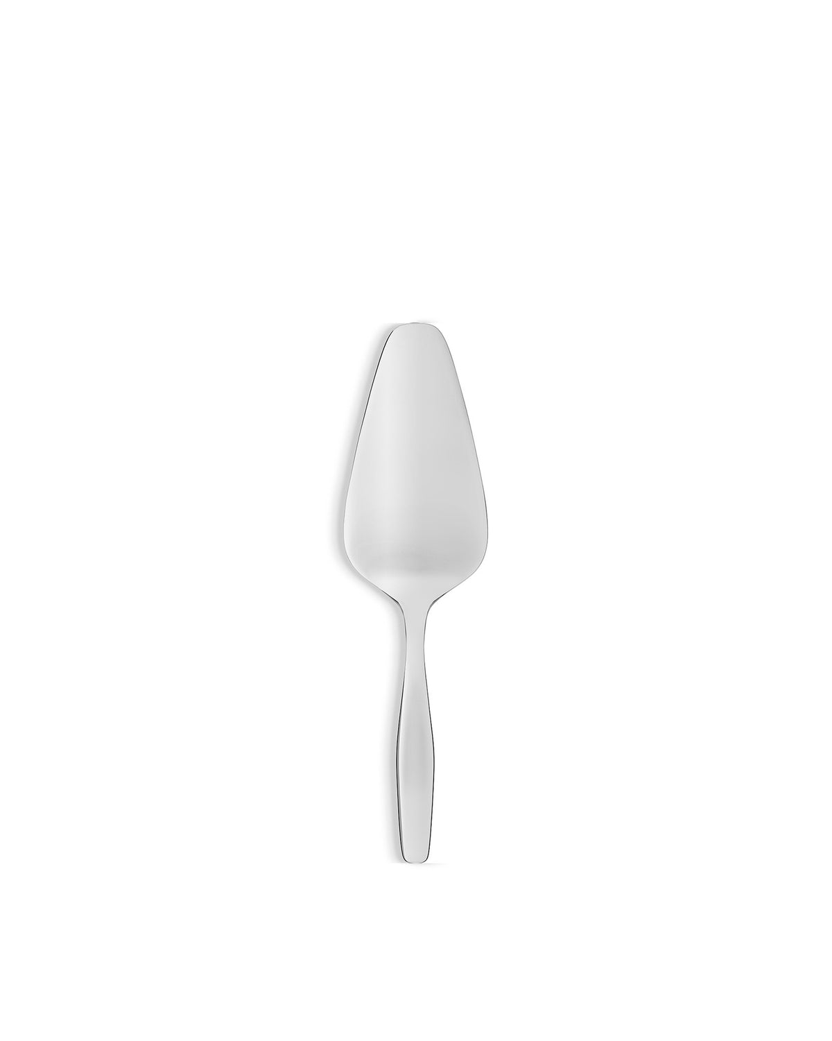 Silver pie server by Alessi with a sleek, polished finish, centered on a white background.