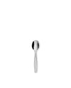 Silver shiny spoon by Alessi with a minimalist design, viewed from above.