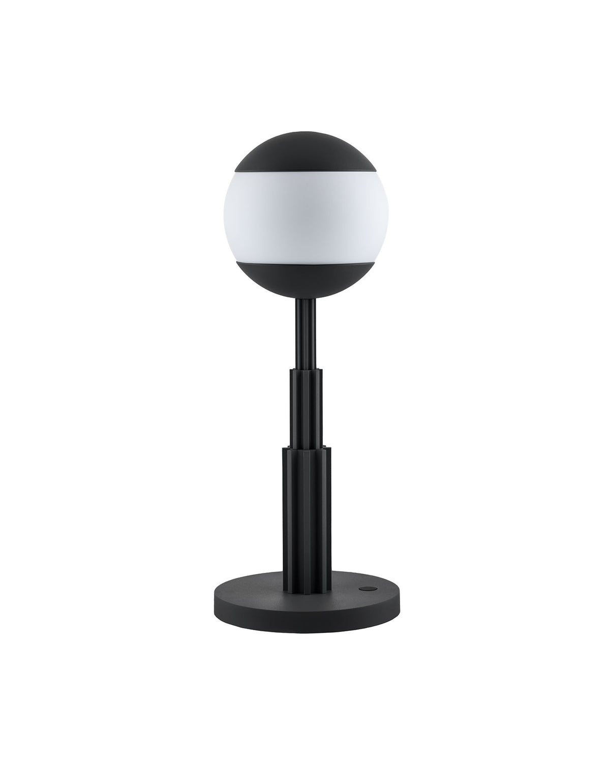 Black and white spherical table lamp by Alessi with a fluted stem and round base.