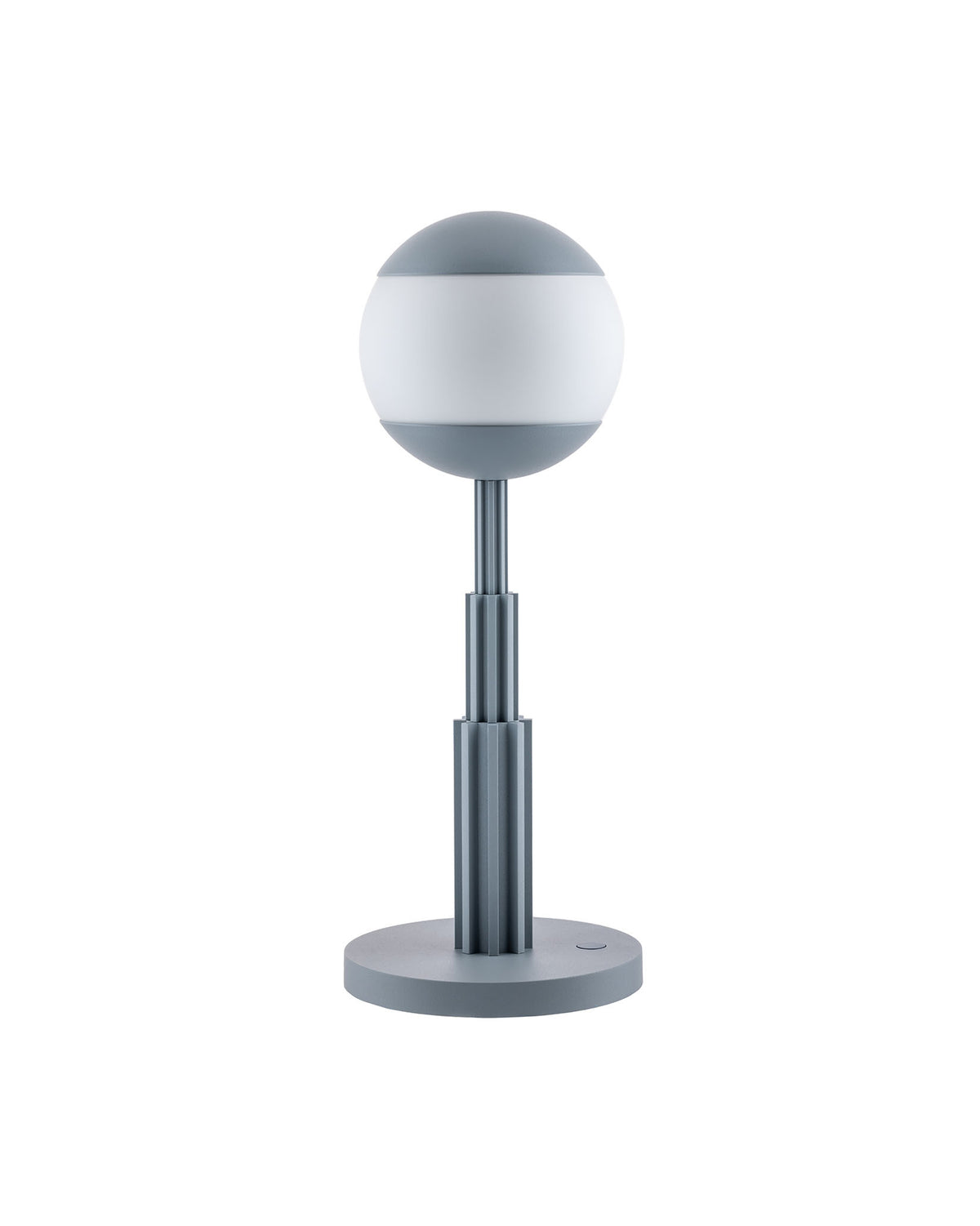 Matte gray and frosted white table lamp by Alessi with spherical diffuser and ribbed stem.