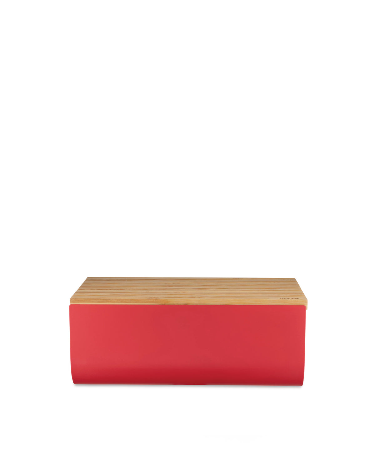 A red and wood bread bin by Alessi with a bamboo cutting board lid, front view.
