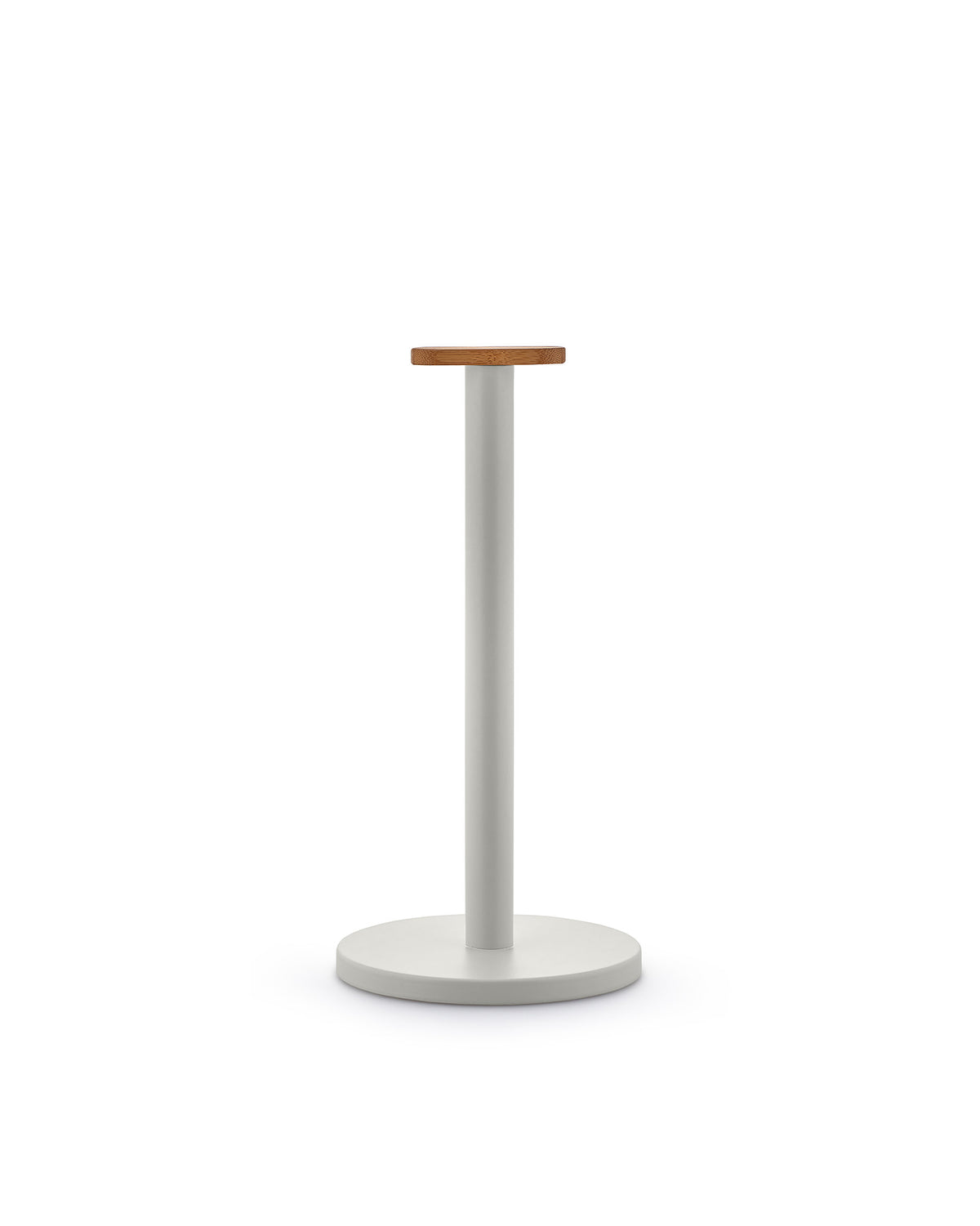 Minimalist light grey stand by Alessi, featuring a round light brown wooden top.