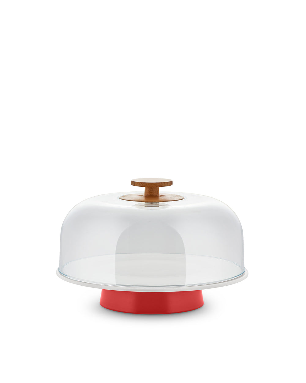 Red and clear cake stand by Alessi, with a wooden handle on a transparent dome and a solid red base.