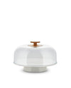 White cake stand with clear dome and wooden knob by Alessi.