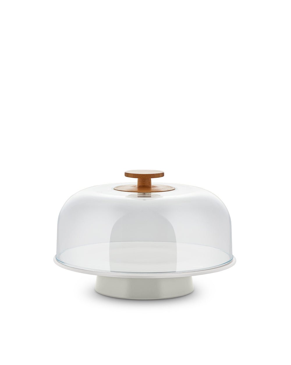 White cake stand with clear dome and wooden knob by Alessi.