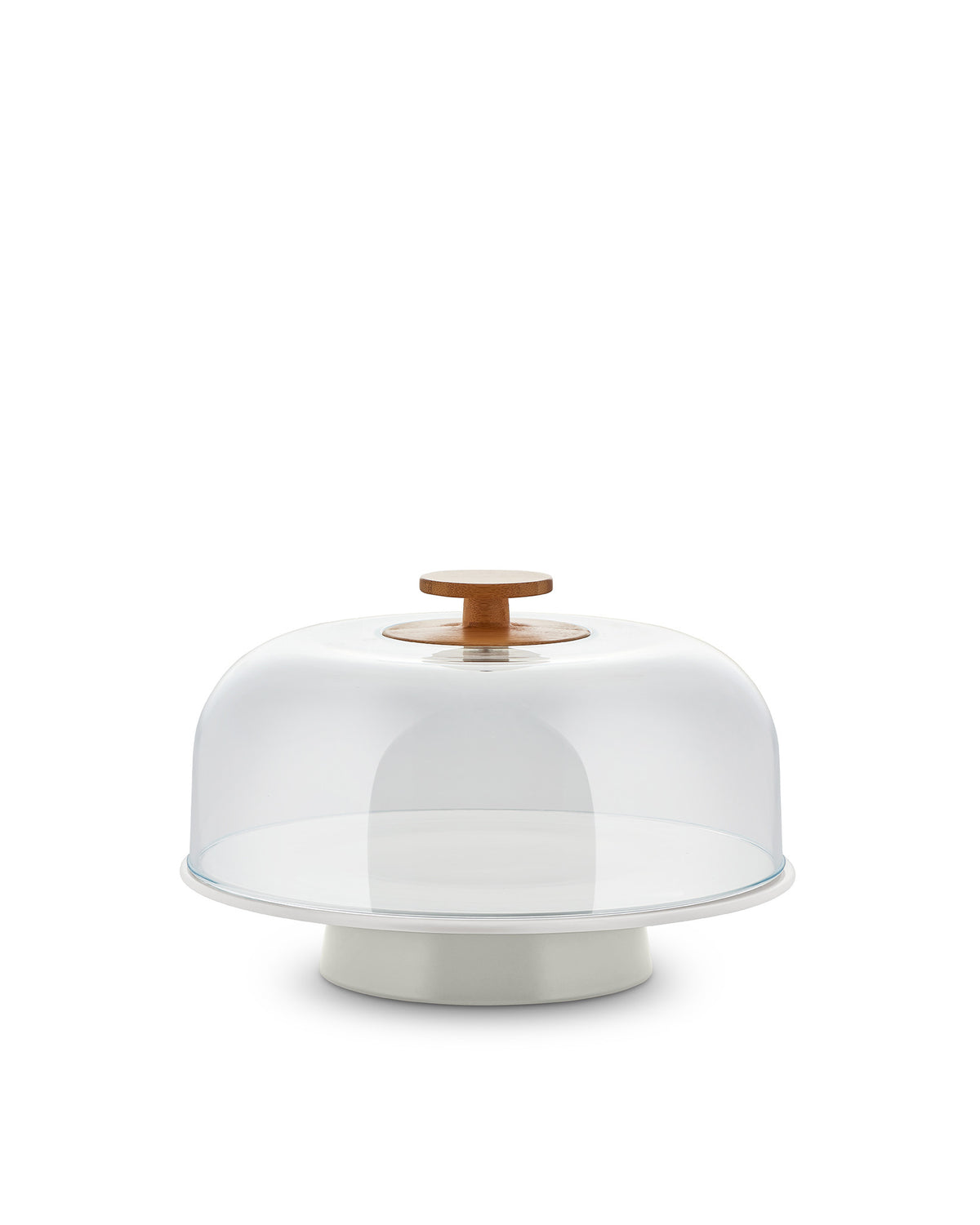 White cake stand with clear dome and wooden knob by Alessi.