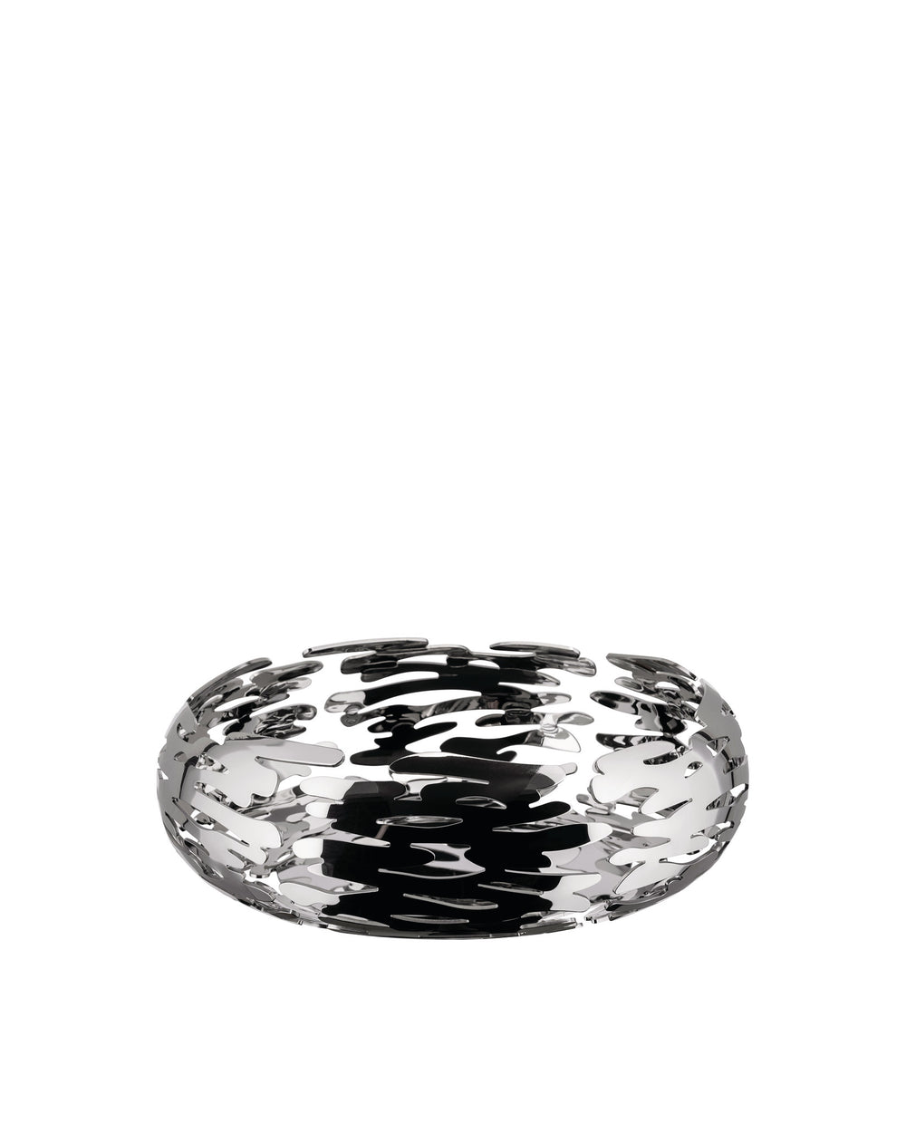 Silver stainless steel Barknest by Alessi with an organic, cut-out bark pattern.