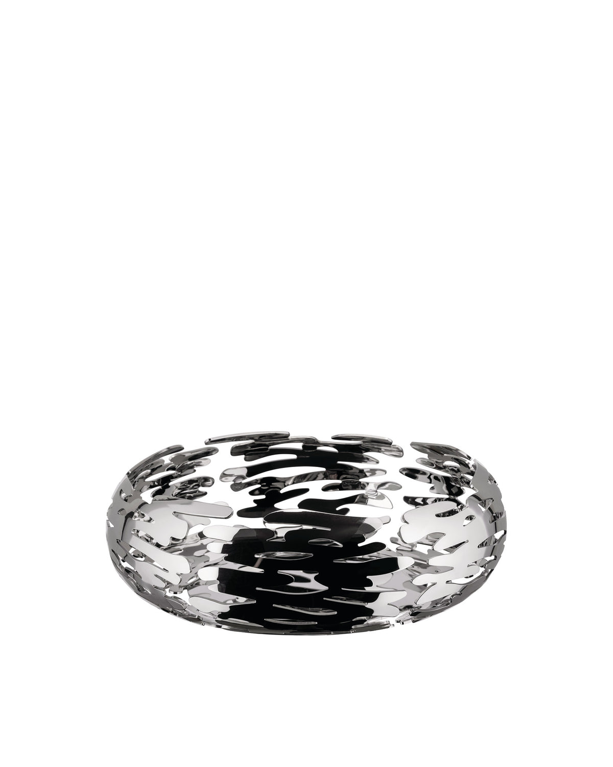Silver stainless steel Barknest by Alessi with an organic, cut-out bark pattern.