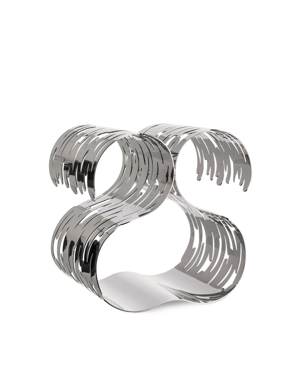 Silver metallic wine rack by Alessi featuring a sculptural, wavy design with intricate bark-like cutouts.