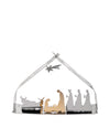 Modern metal Bark Crib by Alessi, featuring silver and gold-toned Nativity figures and a star within a skeletal stable.