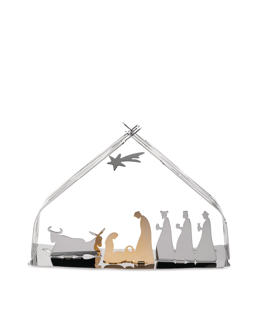 Modern metal Bark Crib by Alessi, featuring silver and gold-toned Nativity figures and a star within a skeletal stable.