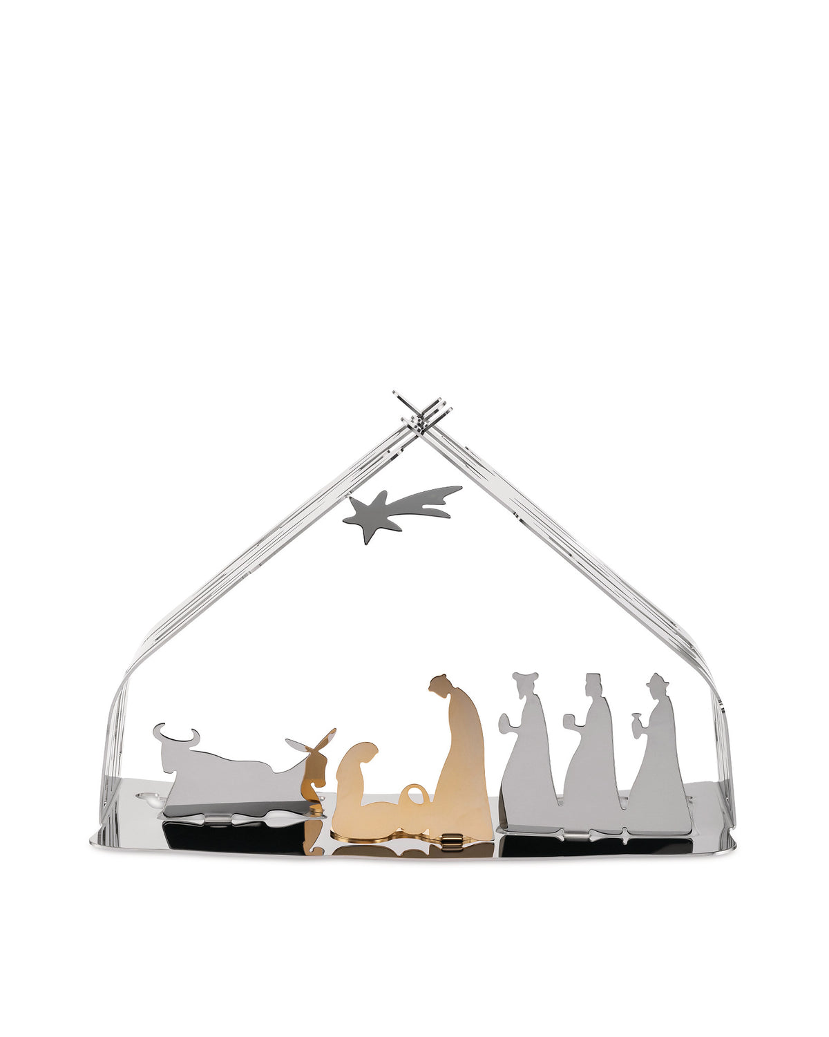 Modern metal Bark Crib by Alessi, featuring silver and gold-toned Nativity figures and a star within a skeletal stable.