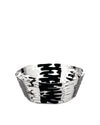 Silver polished stainless steel basket by Alessi with an intricate, organic bark-like cut-out pattern.