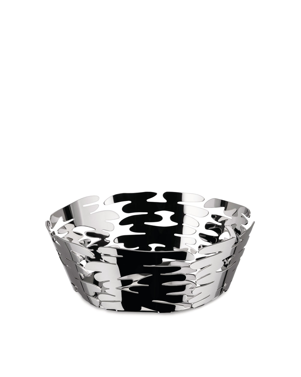 Silver polished stainless steel basket by Alessi with an intricate, organic bark-like cut-out pattern.