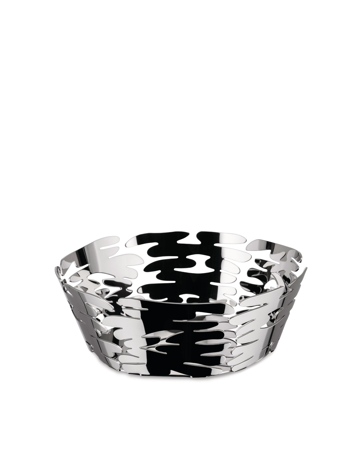 Silver polished stainless steel basket by Alessi with an intricate, organic bark-like cut-out pattern.
