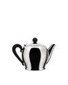 Shiny chrome teapot by Alessi with a black curved handle and spherical lid knob.