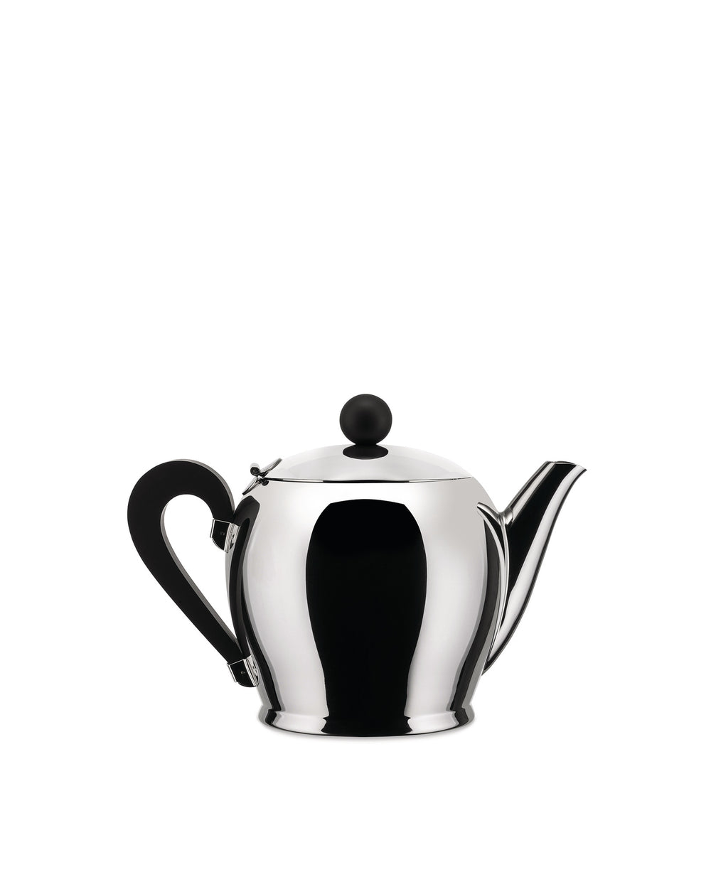 Shiny chrome teapot by Alessi with a black curved handle and spherical lid knob.