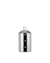 Silver metal jar by Alessi with raised studs, a central black stripe with two U-shaped accents, and a crescent finial.