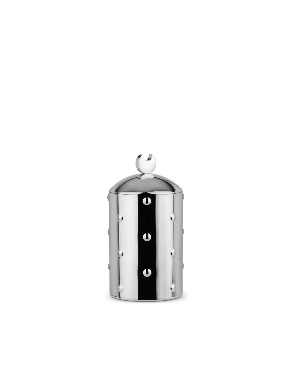 Silver metal jar by Alessi with raised studs, a central black stripe with two U-shaped accents, and a crescent finial.