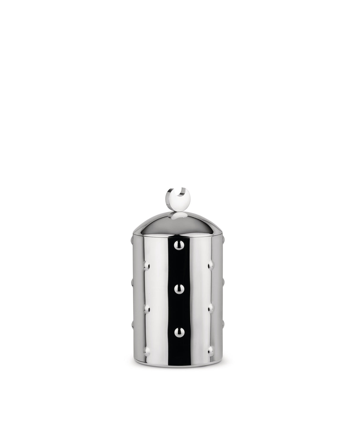 Silver metal jar by Alessi with raised studs, a central black stripe with two U-shaped accents, and a crescent finial.