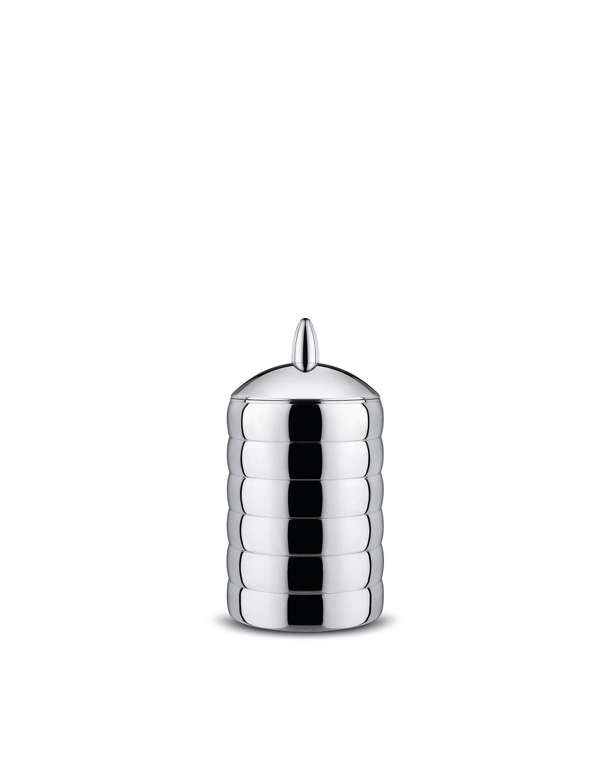 Chrome-plated jar by Alessi with a ribbed, cylindrical body and a pointed finial on the lid.