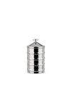 Polished silver jar by Alessi with a tiered body, conical lid, and small knob handle.