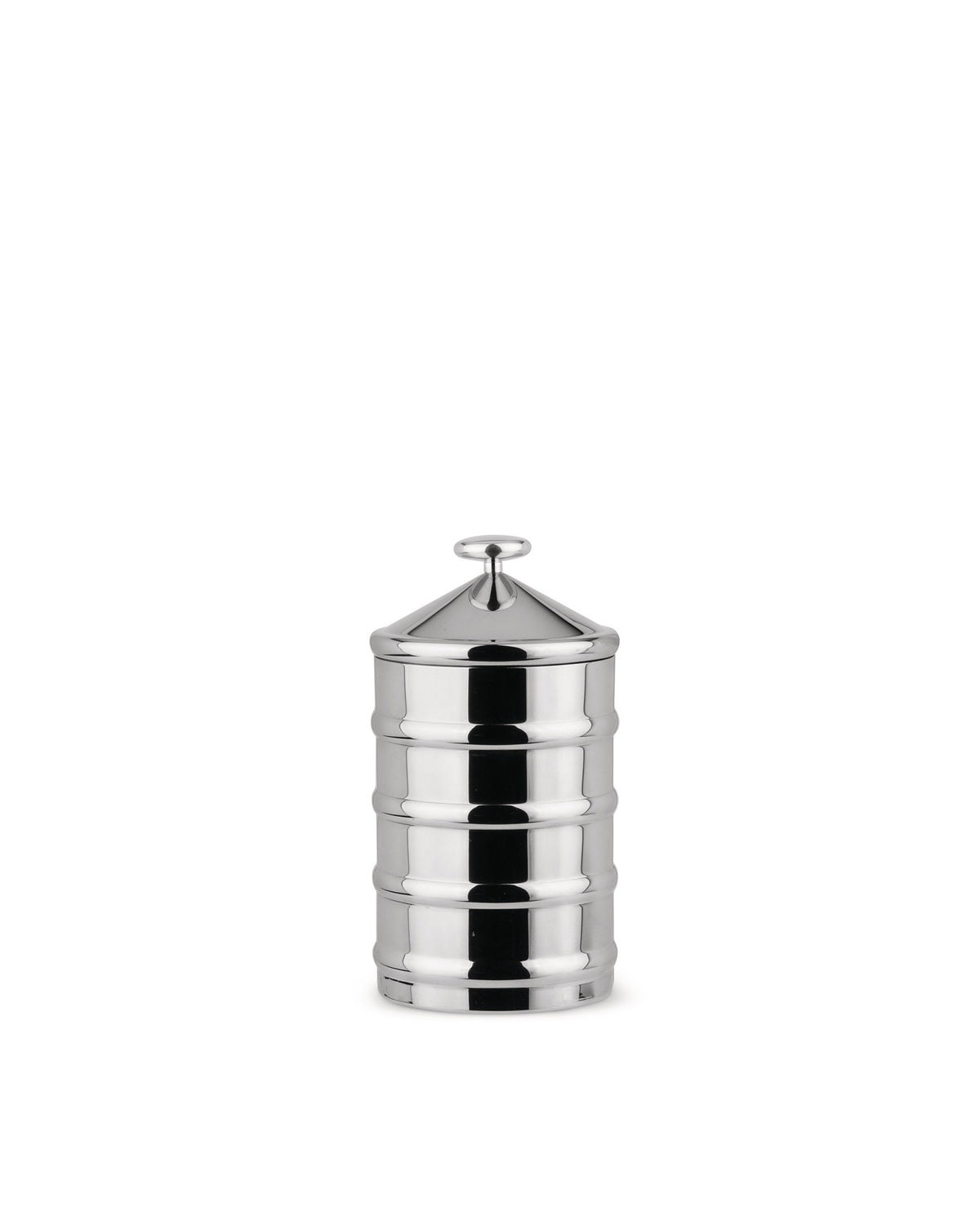 Polished silver jar by Alessi with a tiered body, conical lid, and small knob handle.
