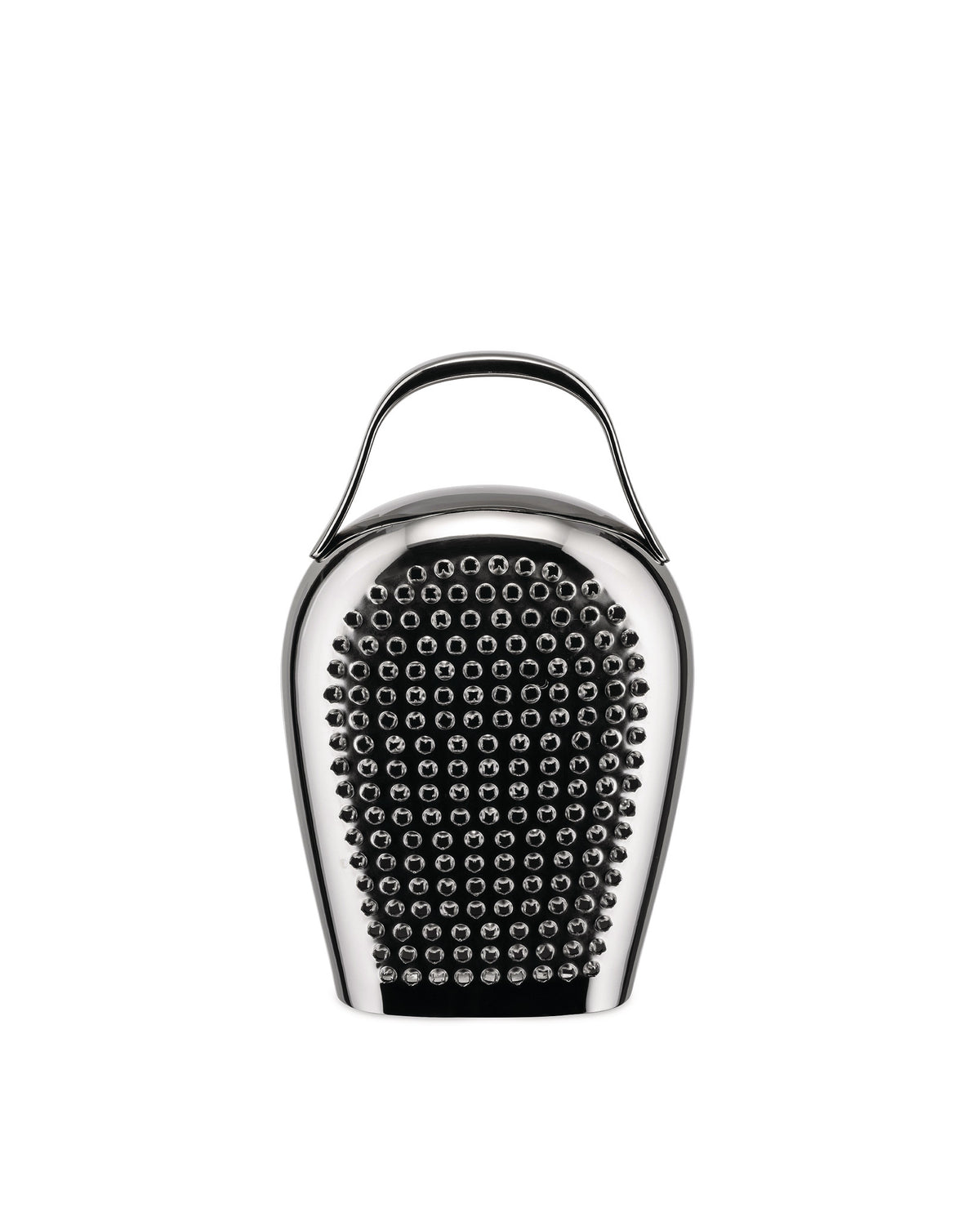 A polished metal cheese grater by Alessi, featuring a bell shape and a surface of small holes.