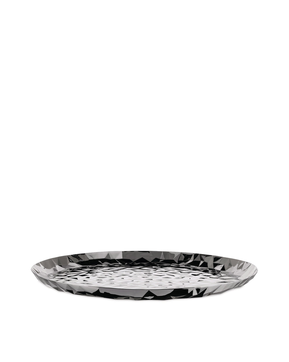 Round, polished metal faceted tray by Alessi with a geometric and highly reflective surface.
