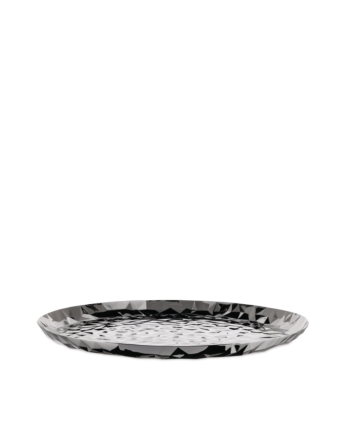 Round, polished metal faceted tray by Alessi with a geometric and highly reflective surface.