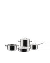 Brushed stainless steel Convivio pots and pans set by Alessi, featuring various sizes with minimalist square handles.