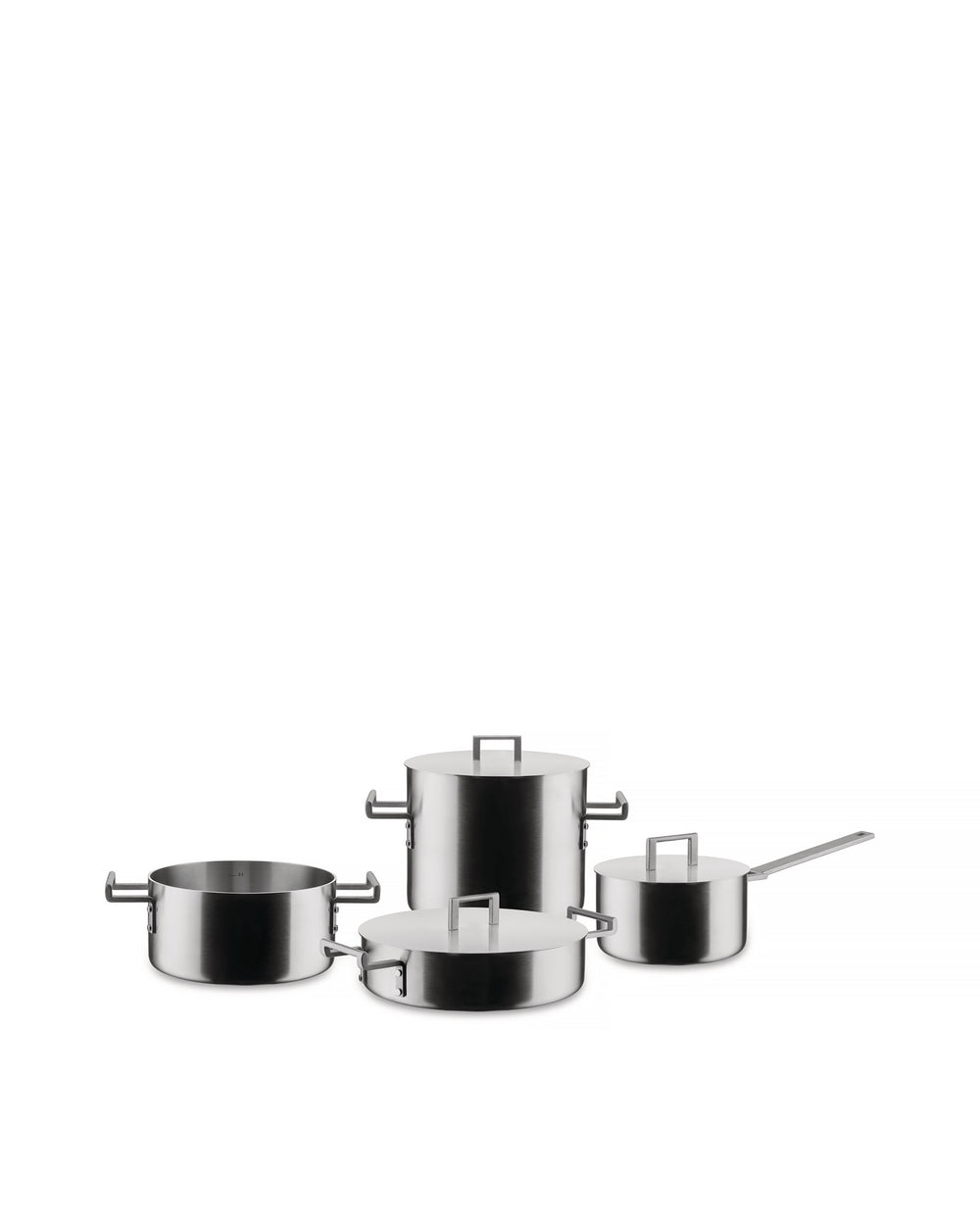 Brushed stainless steel Convivio pots and pans set by Alessi, featuring various sizes with minimalist square handles.