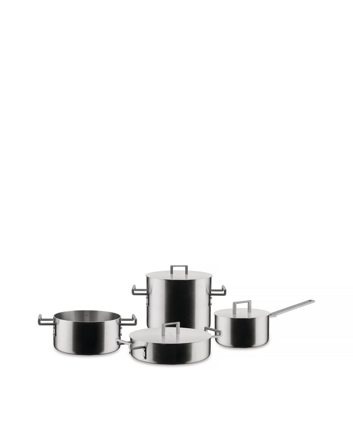 Brushed stainless steel Convivio pots and pans set by Alessi, featuring various sizes with minimalist square handles.
