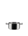 Stainless steel pot by Alessi with short black L-shaped handles and an internal 2.5 L measurement mark.
