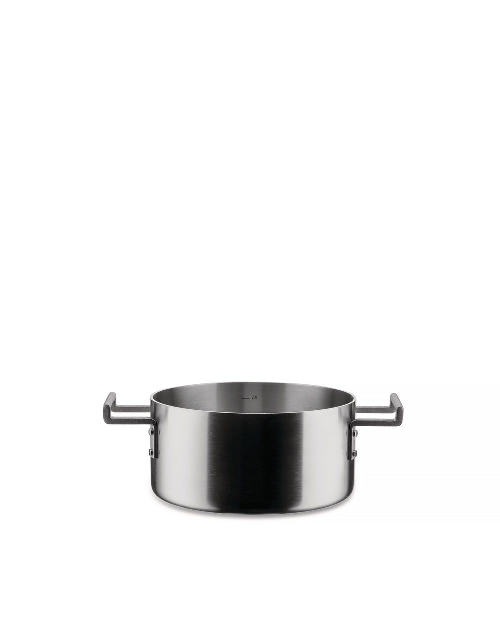 Stainless steel pot by Alessi with short black L-shaped handles and an internal 2.5 L measurement mark.