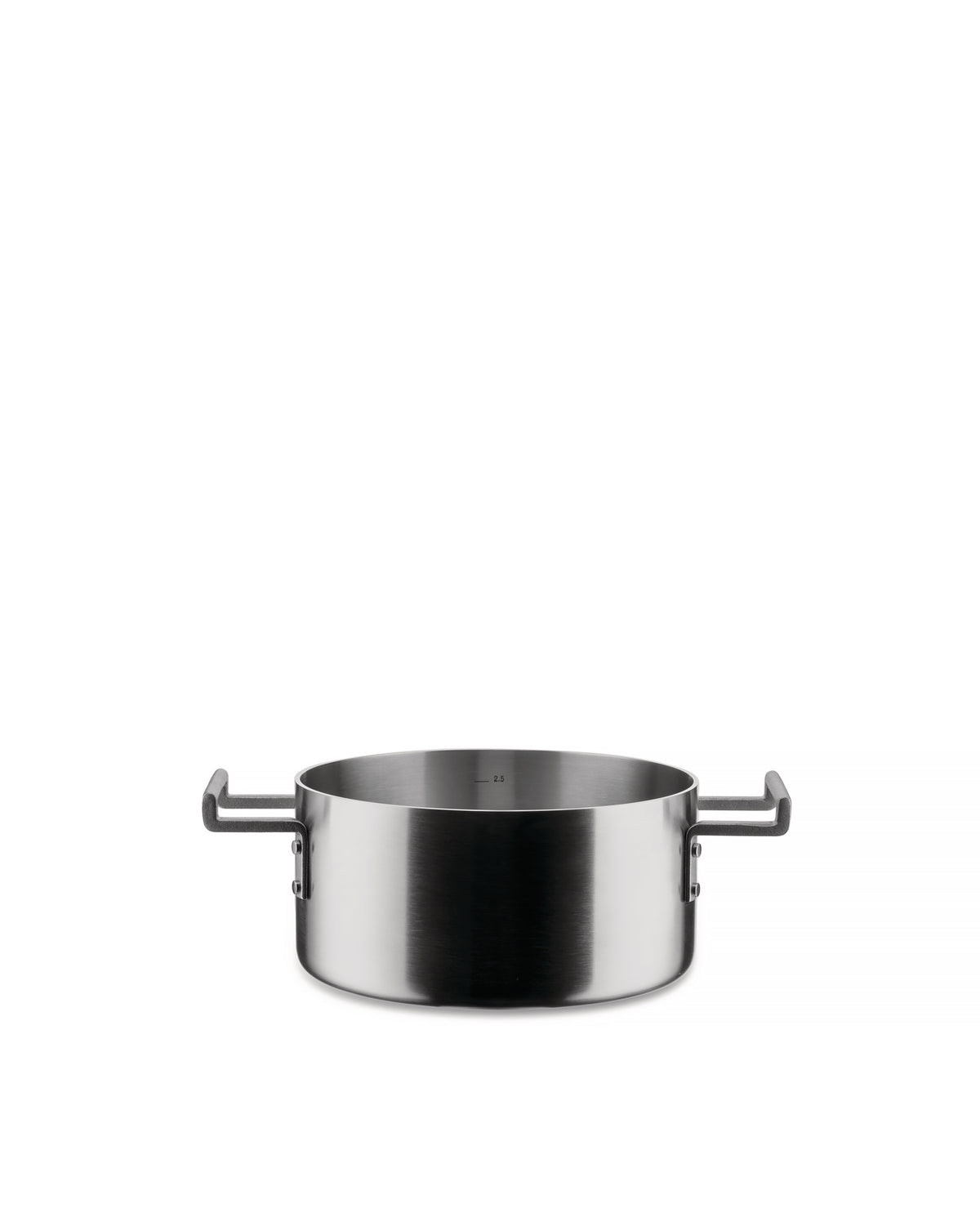 Stainless steel pot by Alessi with short black L-shaped handles and an internal 2.5 L measurement mark.