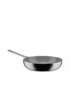 Metallic grey frying pan by Alessi with a long handle featuring a square hanging hole, shown angled.