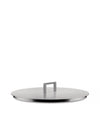 Round stainless steel lid by Alessi with a brushed finish and a U-shaped handle.