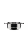 Circular stainless steel steamer basket by Alessi with a brushed finish and two dark gray handles.