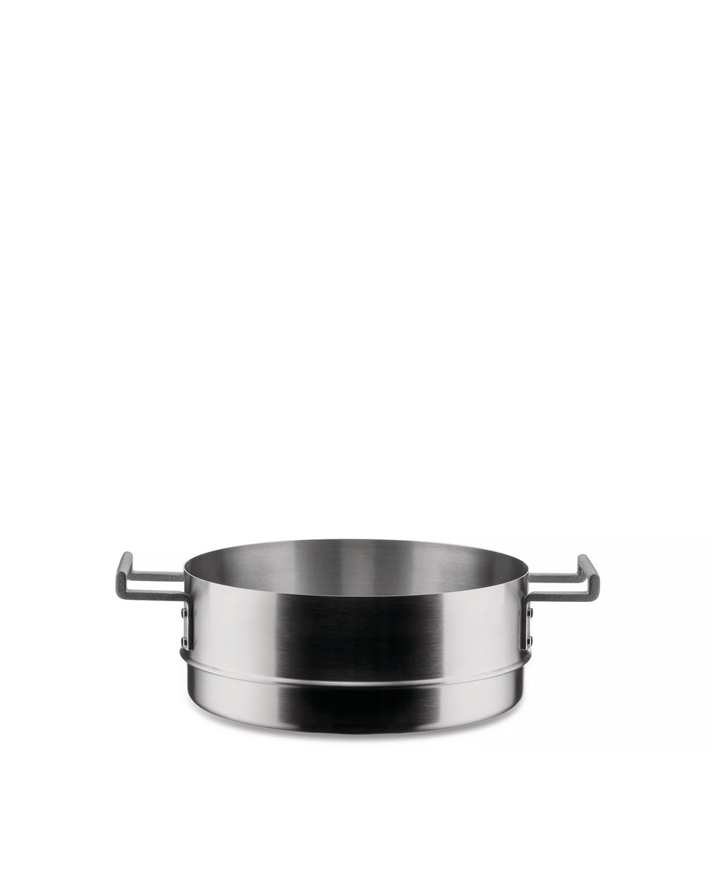 Circular stainless steel steamer basket by Alessi with a brushed finish and two dark gray handles.
