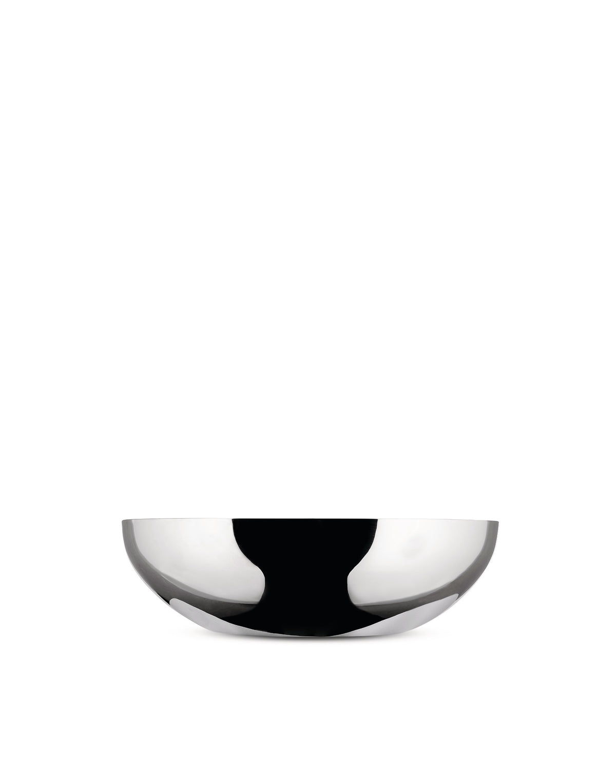 A polished silver metallic bowl by Alessi, featuring a deeply curved silhouette and reflective black interior.