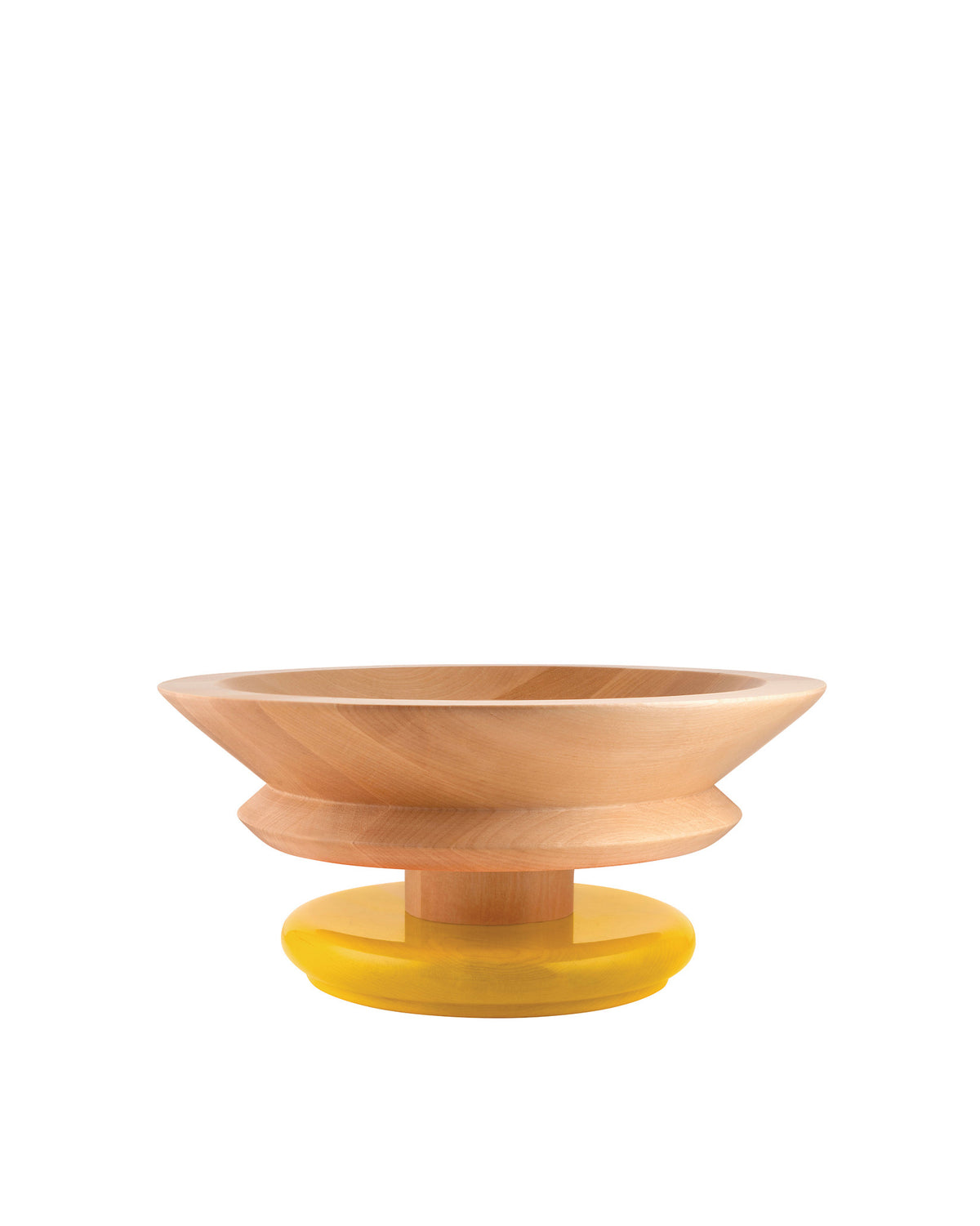 Light wood bowl by Alessi with a flared top and curved middle, resting on a glossy yellow round base.